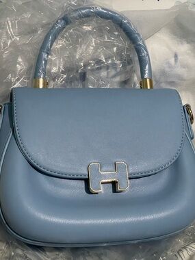Structured Top-Handle Satchel in Powder Blue with Gold Accents